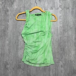 Zara Mesh Ruched Side Tie Dye Sleeveless Tank Top Women's M Color Green